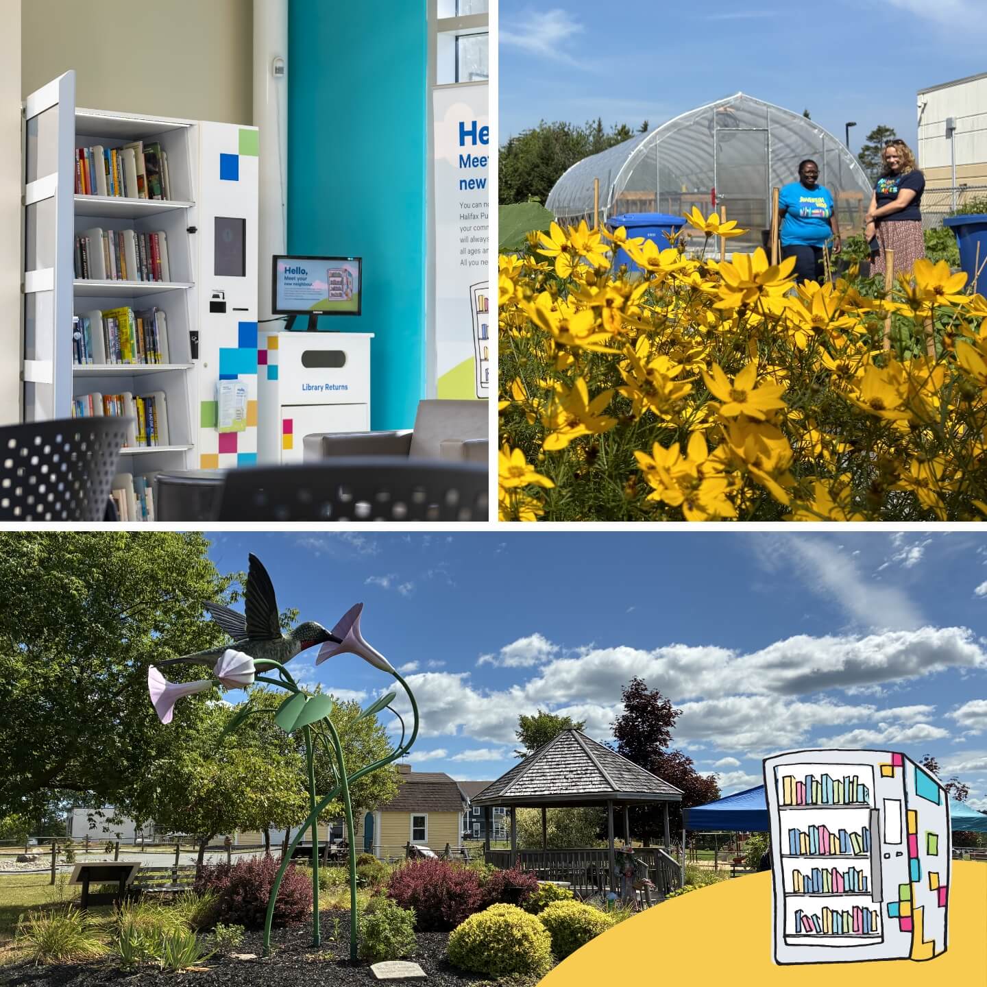 photo collage of library kiosk, garden, and outdoor library spaces